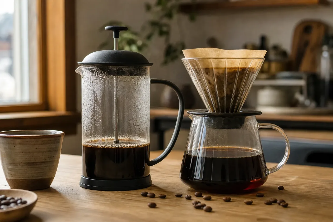 A glass French press next to a paper filter cone of drip coffee on a wooden table with coffee beans