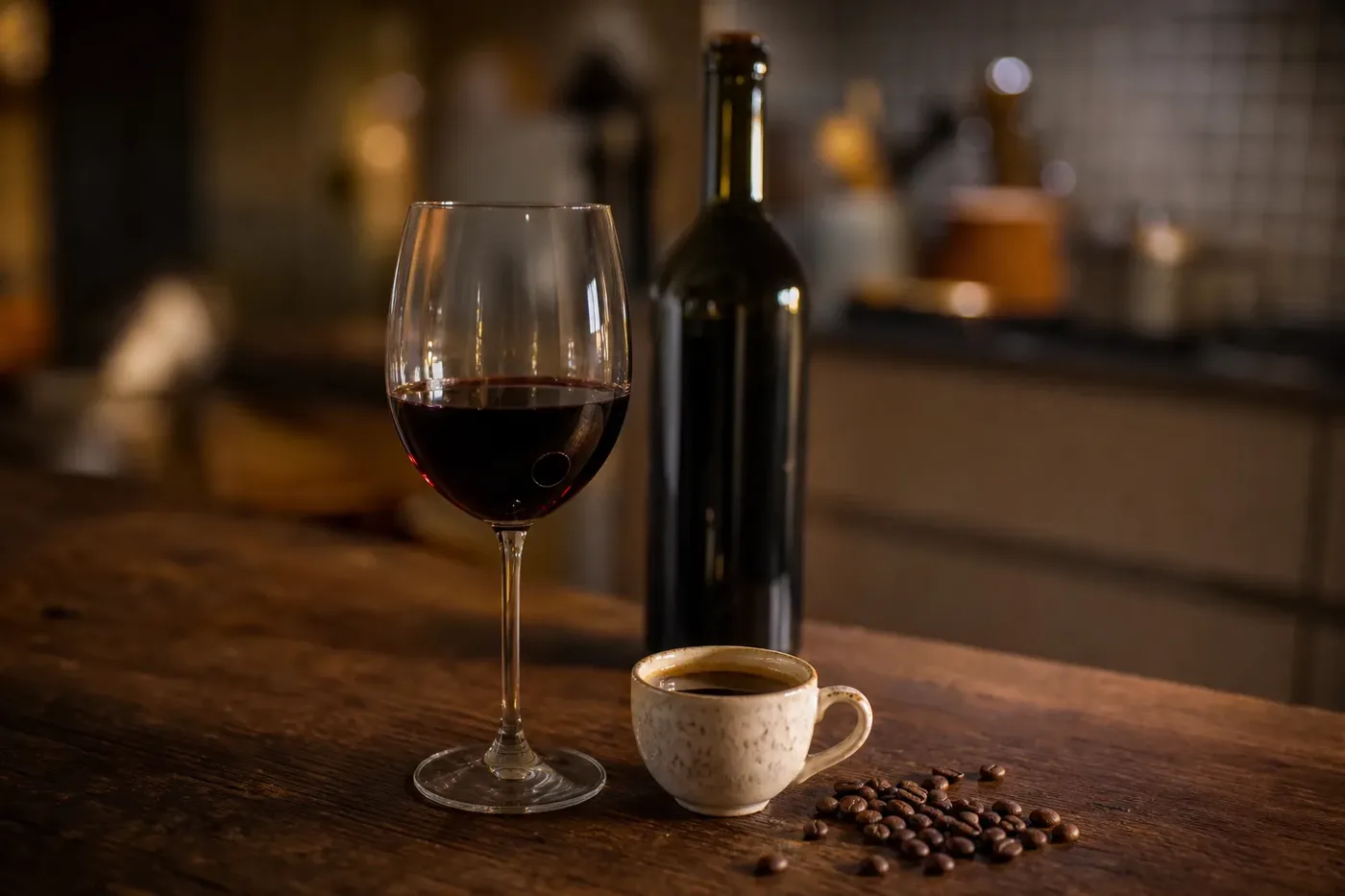A glass of red wine beside a cup of black coffee and roasted beans