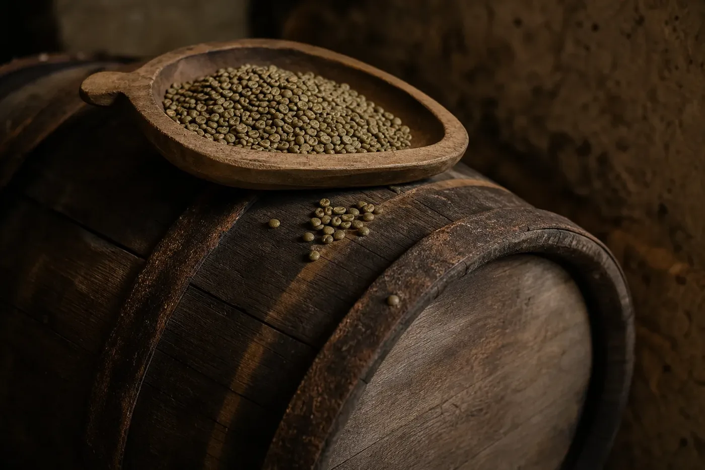 Green coffee beans resting on an oak wine barrel