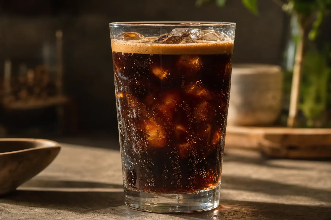A tall glass of iced cola topped with espresso, a tan crema head across the surface