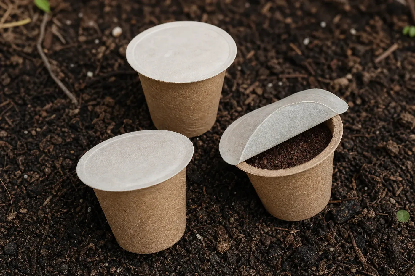 Fibre coffee pods with plain lids on soil, one opened to show the grounds