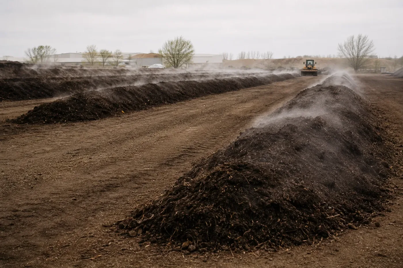 Steaming windrows at an industrial composting facility