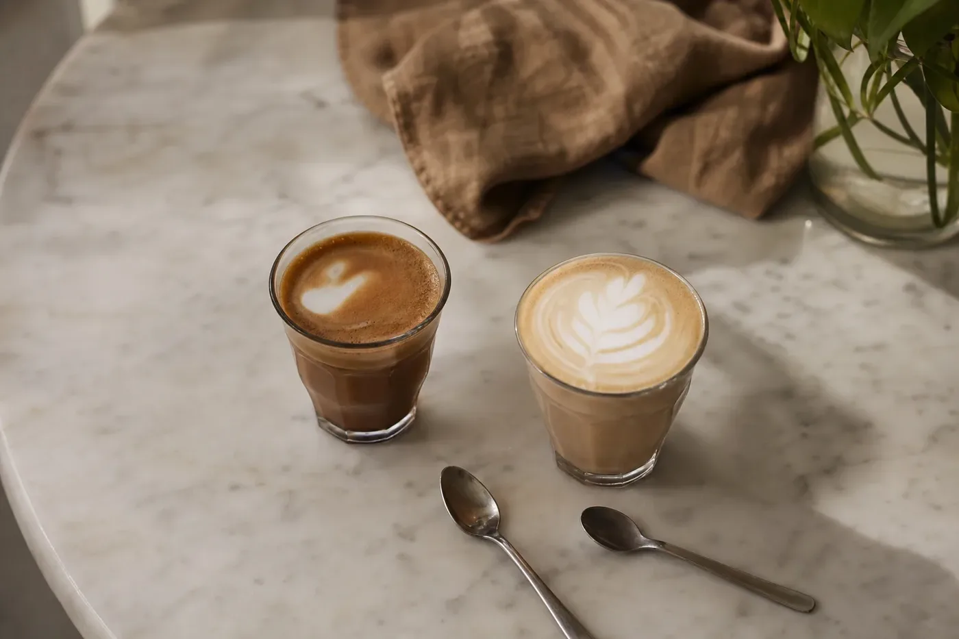 Overhead view comparing the colour of a cortado and a flat white