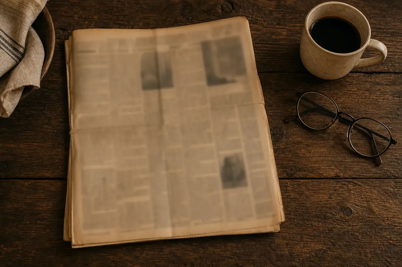 An old newspaper page beside a cup of coffee, the print too faint to read