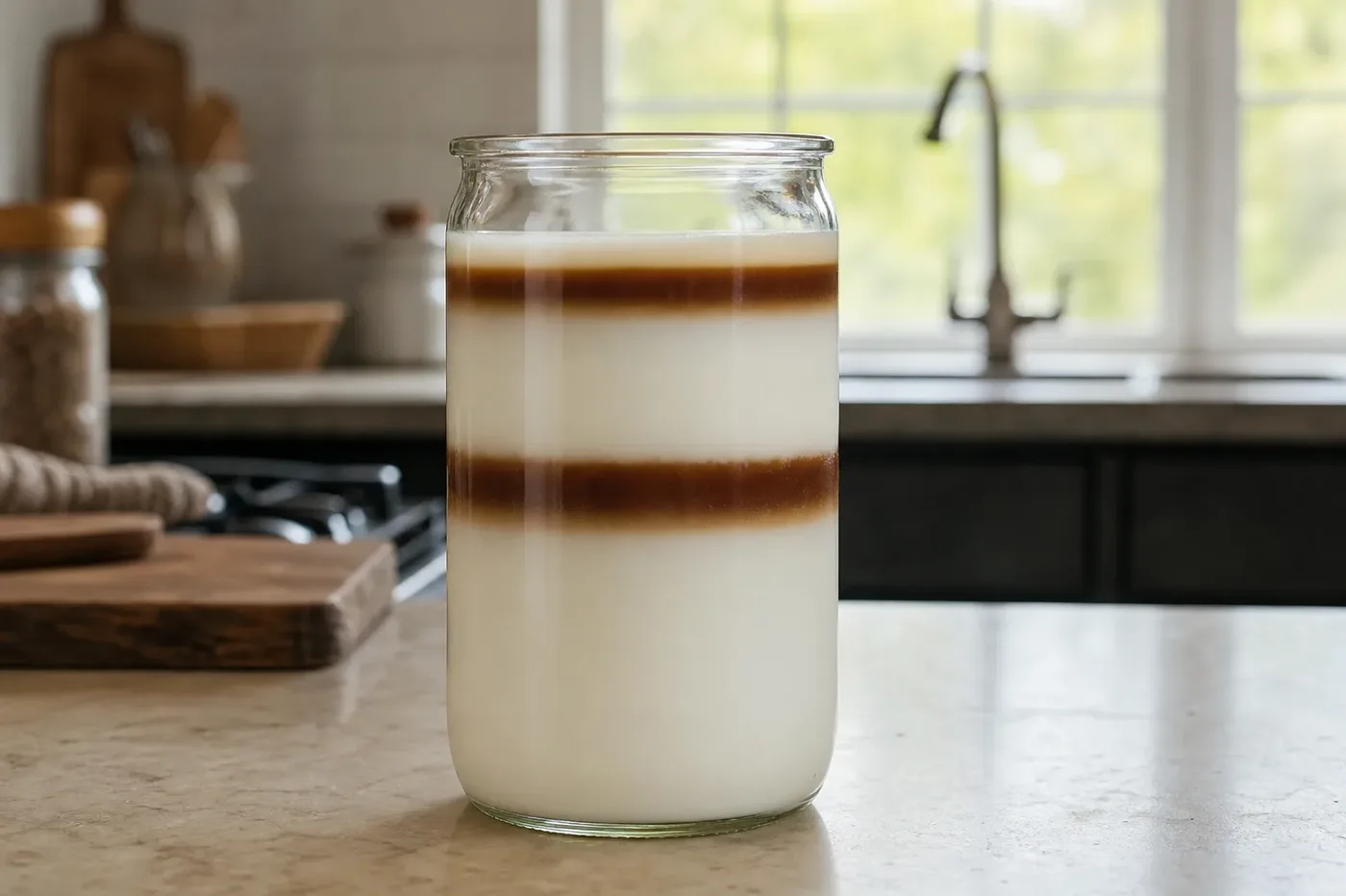 Two dark espresso rings suspended at different depths in a jar of cold milk