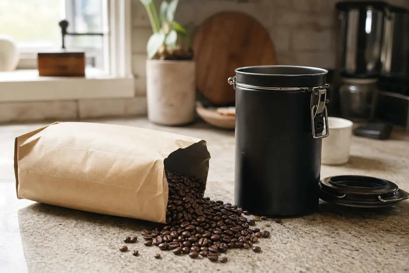 Roasted coffee beans spilling from an open bag beside an airtight storage canister