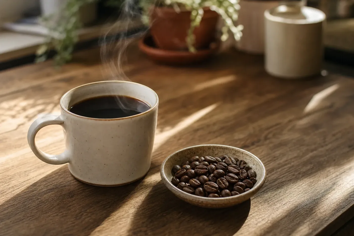 A cup of black coffee next to a dish of whole roasted coffee beans