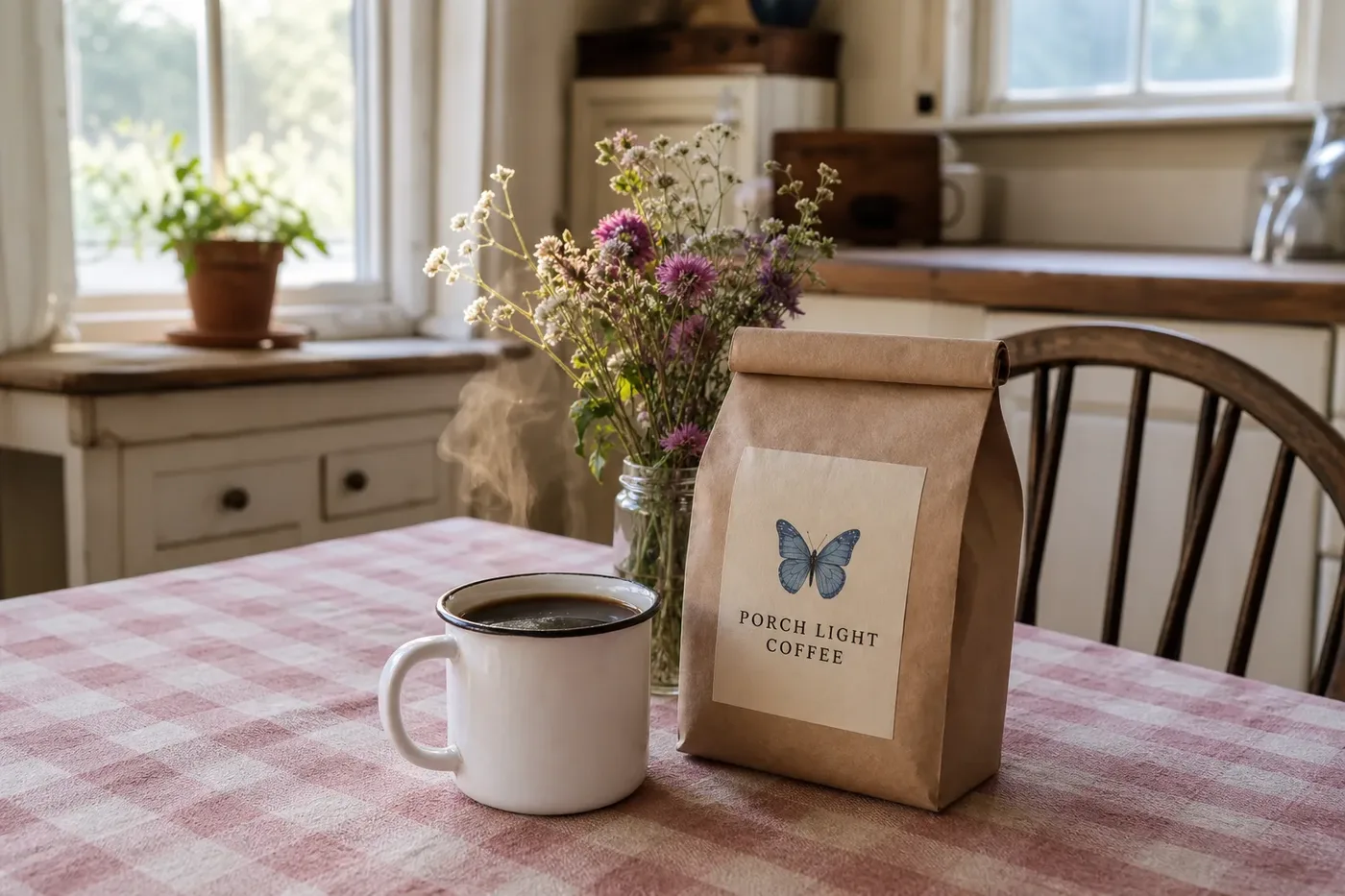 A mug of coffee and a coffee bag on a pink gingham kitchen table in morning sun