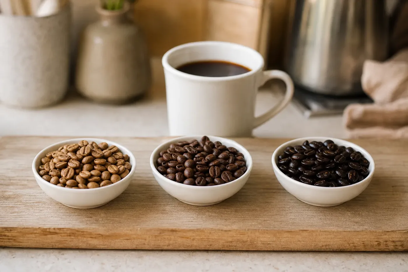 Light, medium and dark roast coffee beans side by side in three small bowls