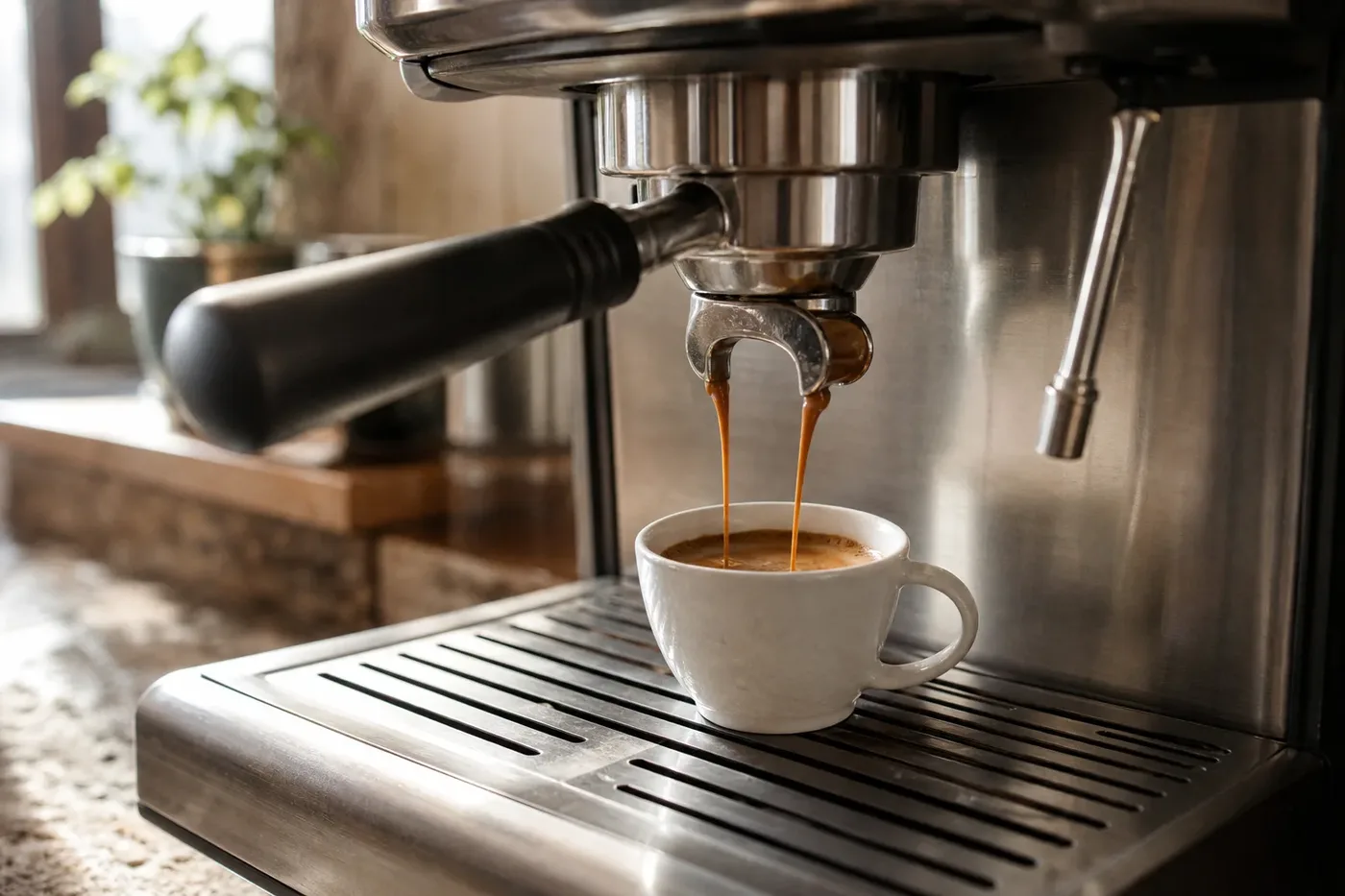 Doppio espresso pouring from a double-spouted portafilter into a single white cup