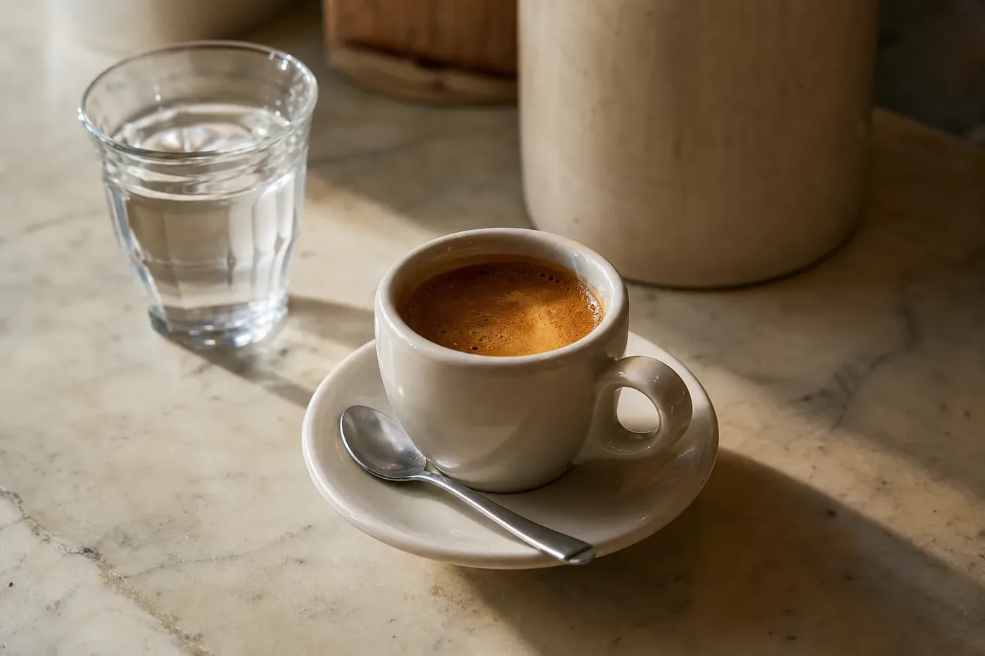 Doppio espresso with thick crema in a small white cup beside a glass of water
