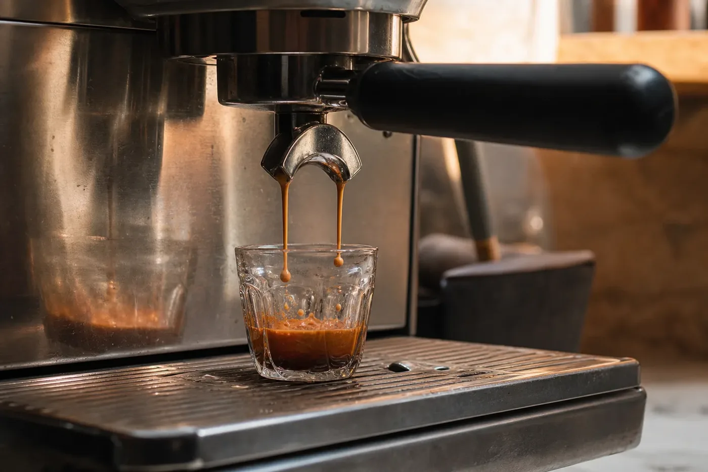 Espresso extracting from a portafilter into a small glass
