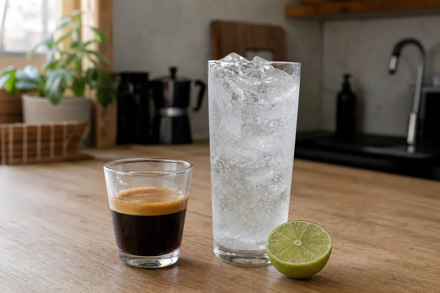 A shot of espresso beside a tall glass of iced tonic water, before they are combined