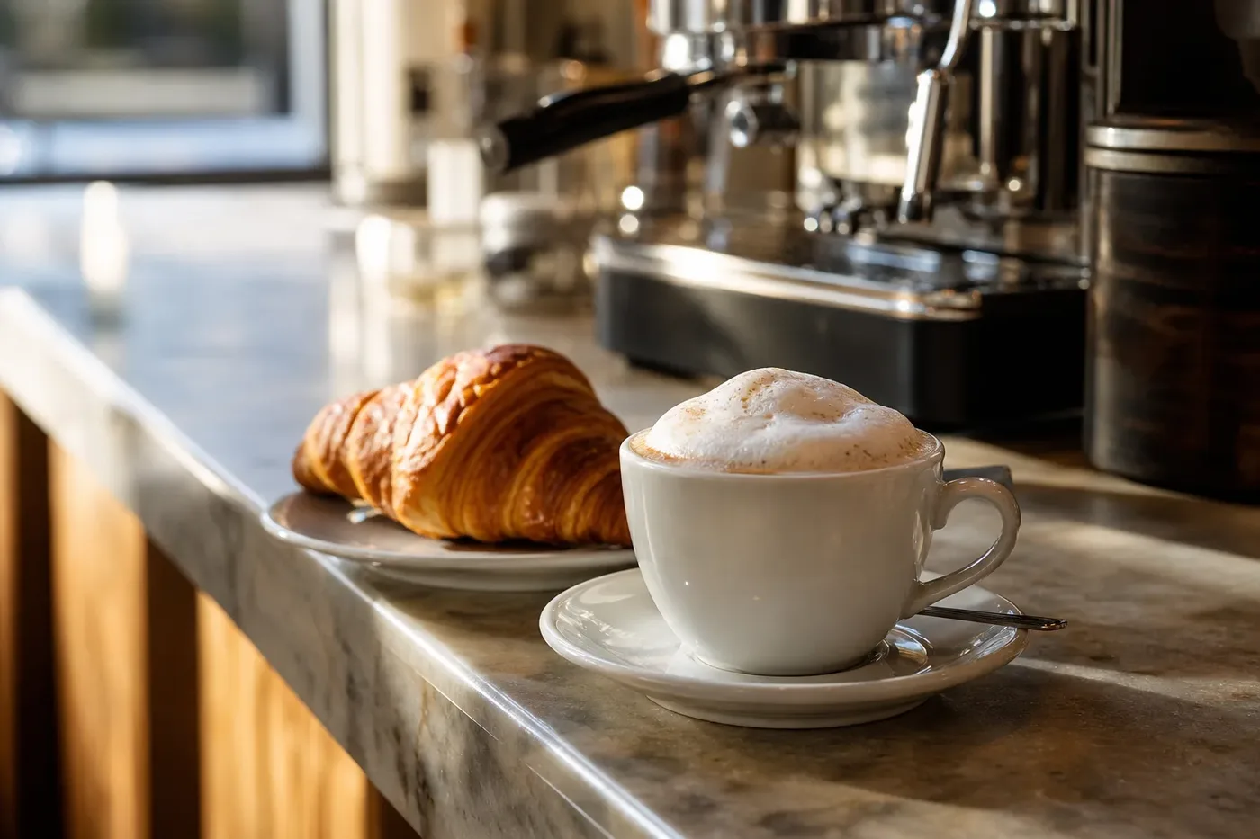 A cappuccino and a croissant on a marble bar counter in the morning