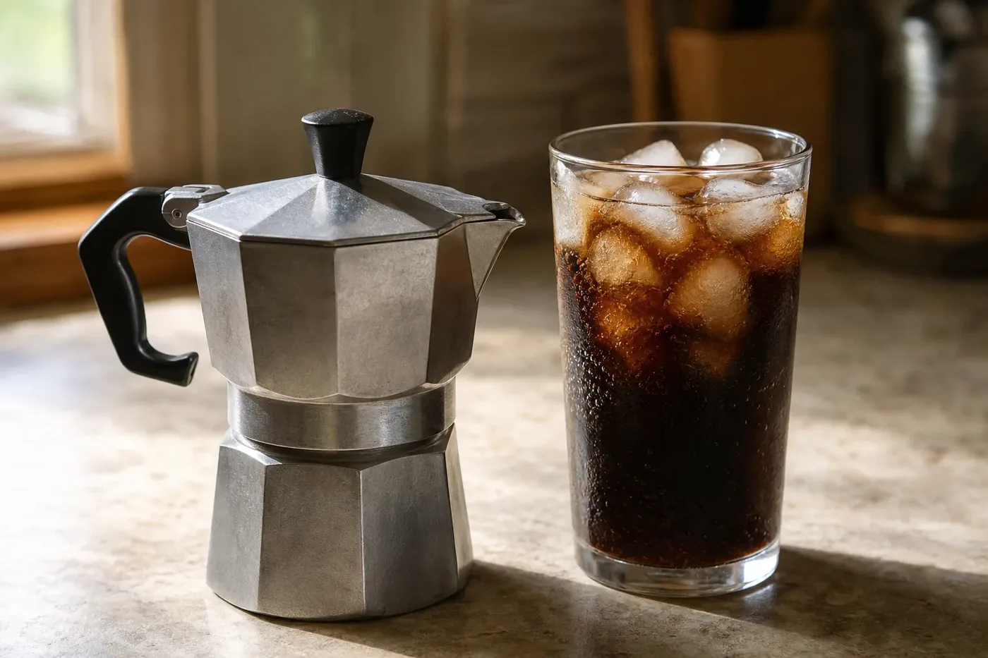 A stovetop moka pot beside a tall glass of iced cola, the no-machine route to the drink