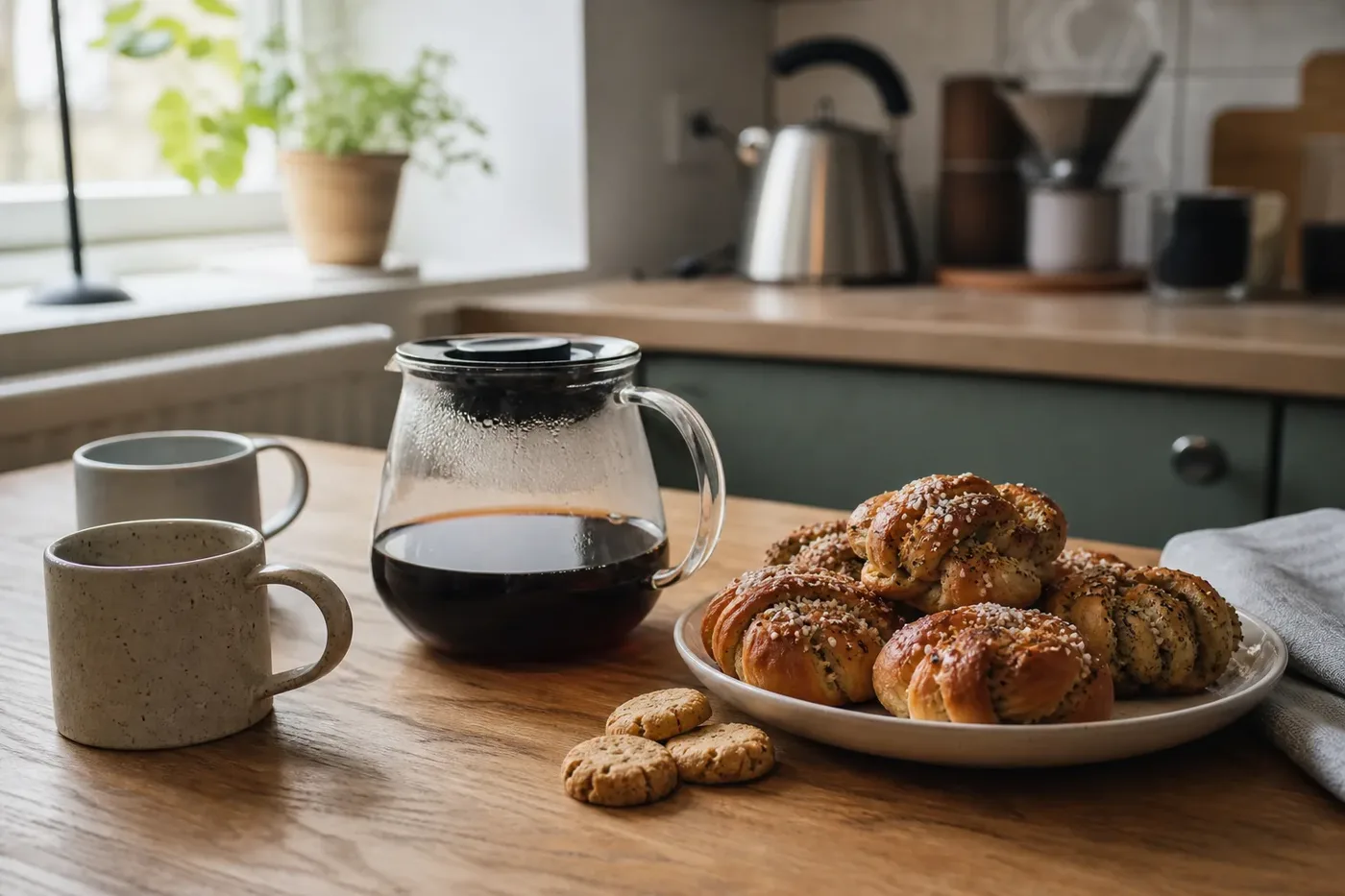A carafe of filter coffee with cardamom buns laid out for a fika break