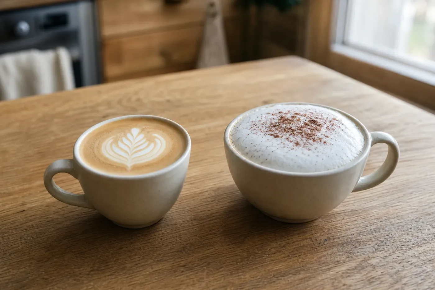 A flat white with latte art next to a cappuccino with a domed foam top