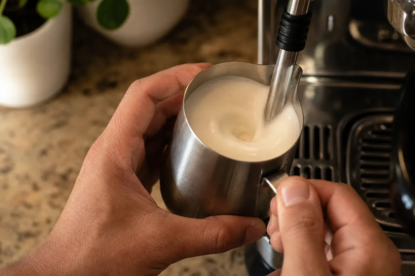 Milk being steamed into glossy microfoam in a steel jug for a flat white