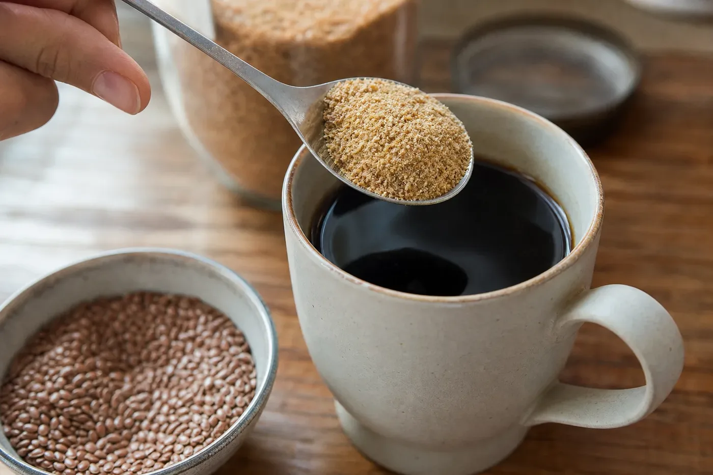 A spoonful of ground flaxseed held over a mug of black coffee