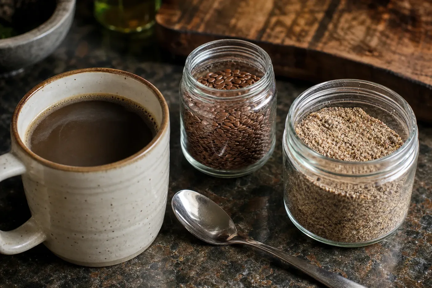 Jars of whole and ground flaxseed beside a mug of coffee