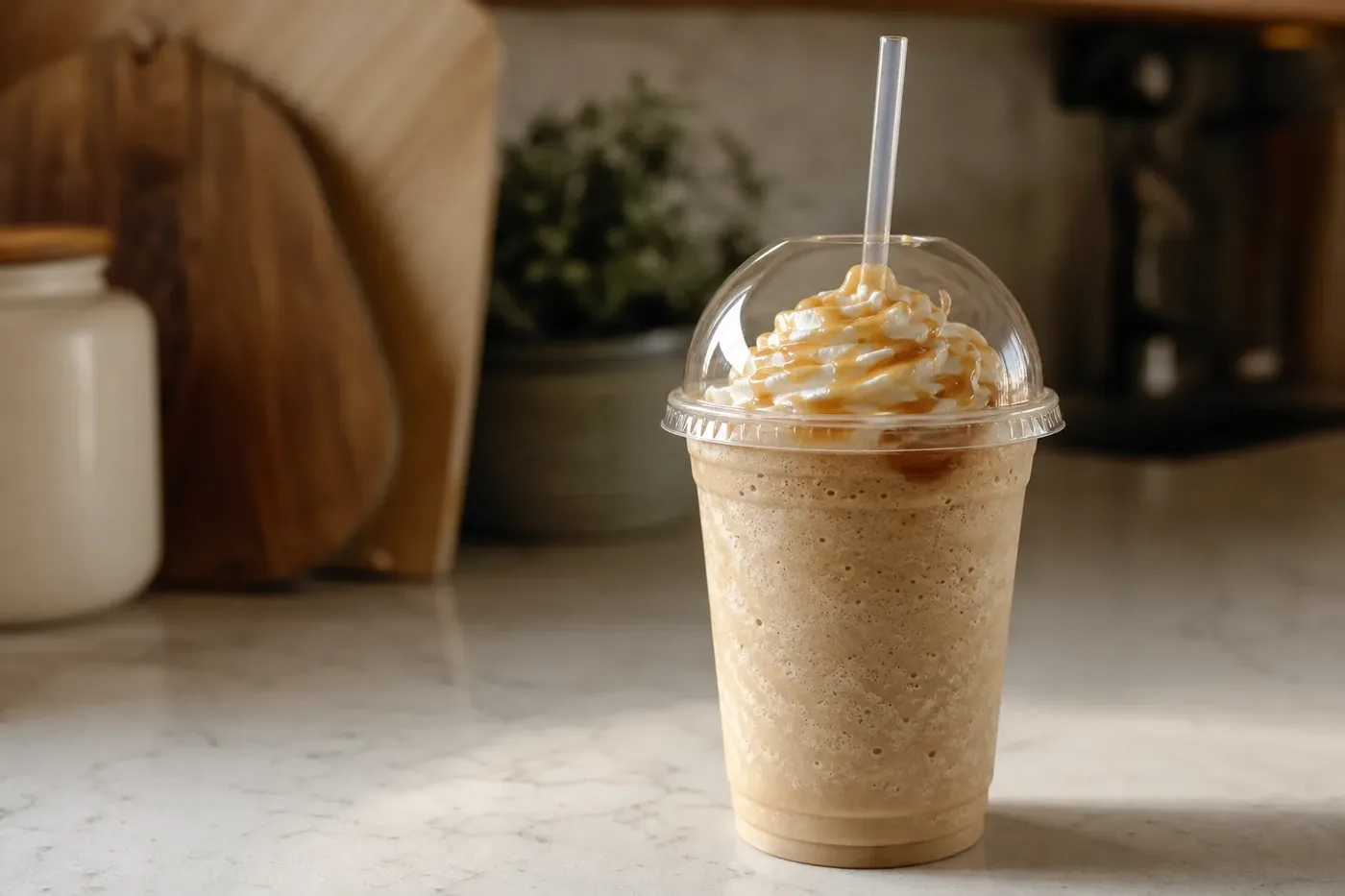 A blended iced coffee drink topped with whipped cream in a plain clear cup