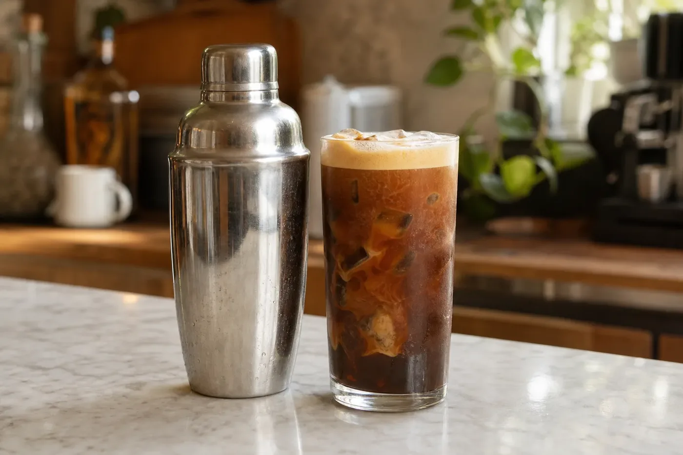 A cocktail shaker beside a glass of shaken iced espresso with a light foam on top