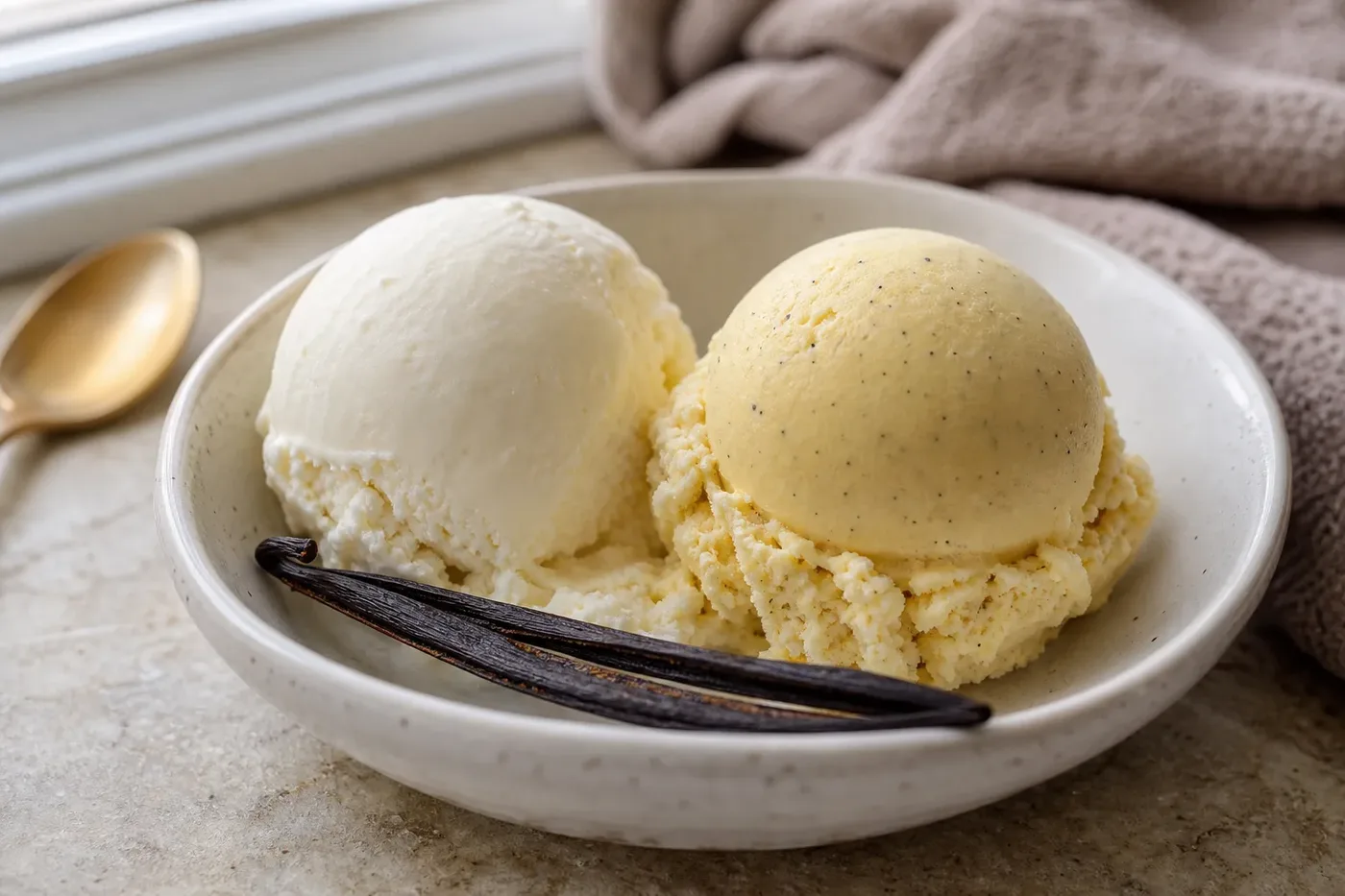 A pale vanilla ice cream scoop beside a yellower custard-style French vanilla scoop