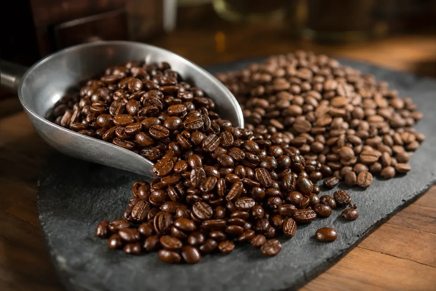Glossy oil-coated flavoured coffee beans beside matt unflavoured beans