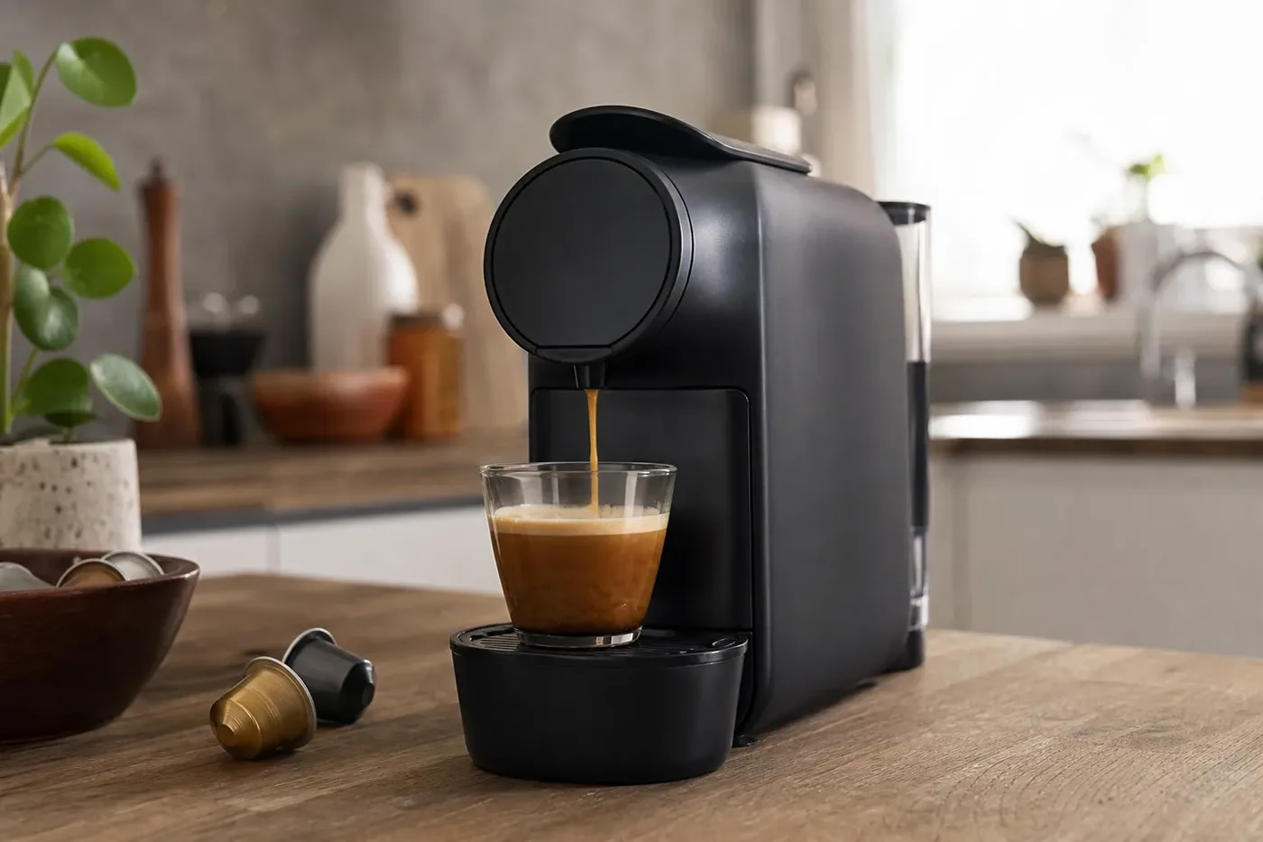 A capsule coffee machine filling a medium glass cup with a gran lungo