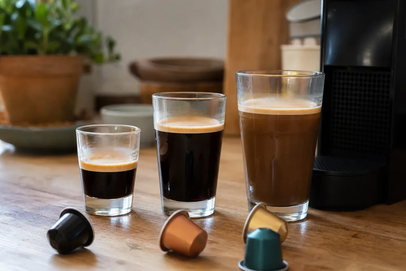 Espresso, gran lungo and mug sized coffees in glass cups showing the difference in length