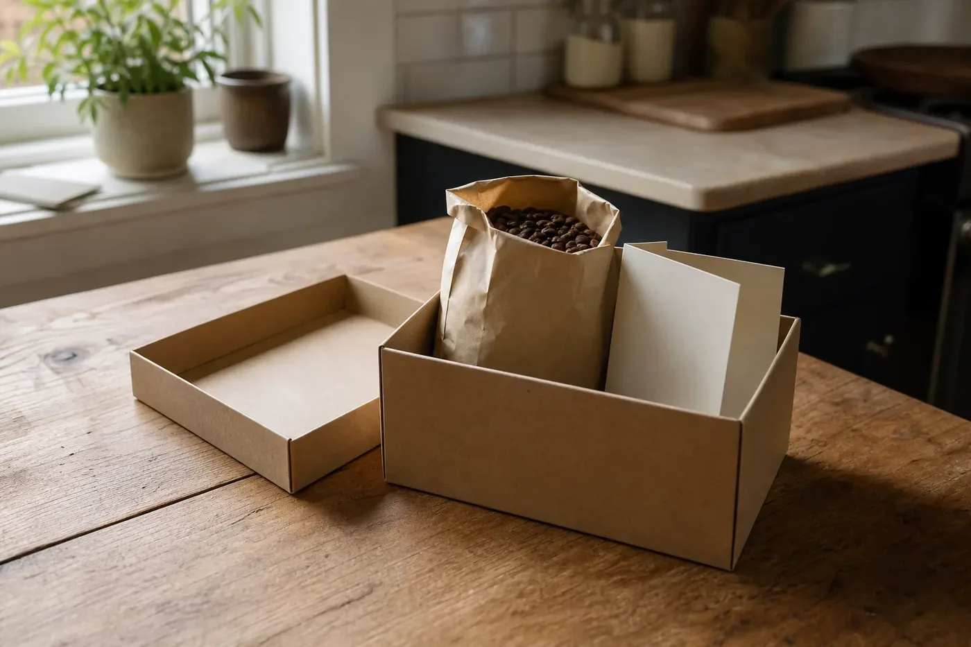 An open coffee subscription box with a bag of beans and a folded card inside
