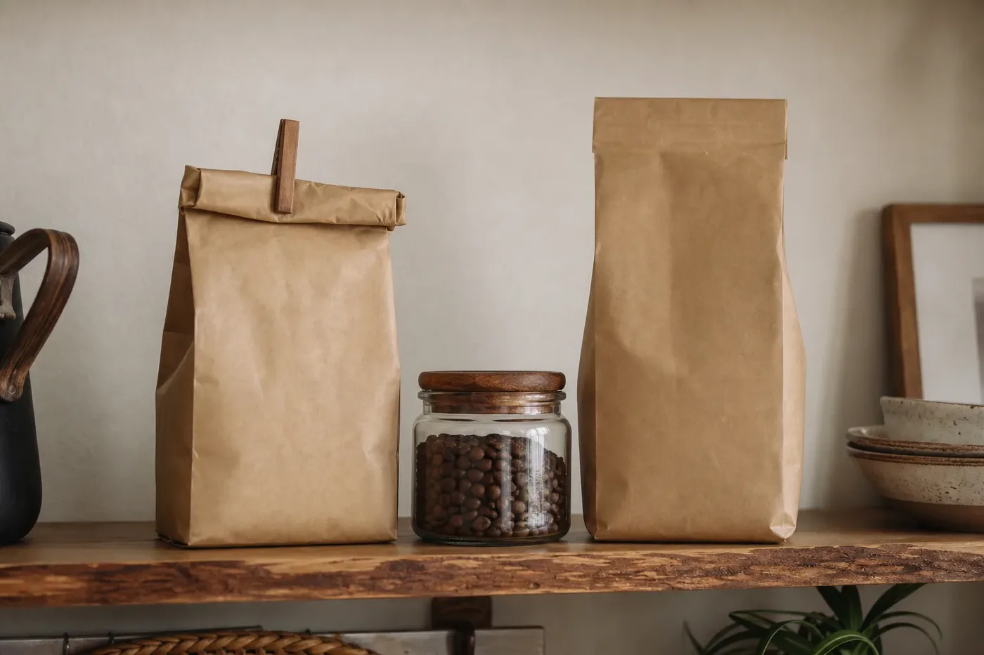 An open bag with a clip and a sealed full bag of coffee on a kitchen shelf