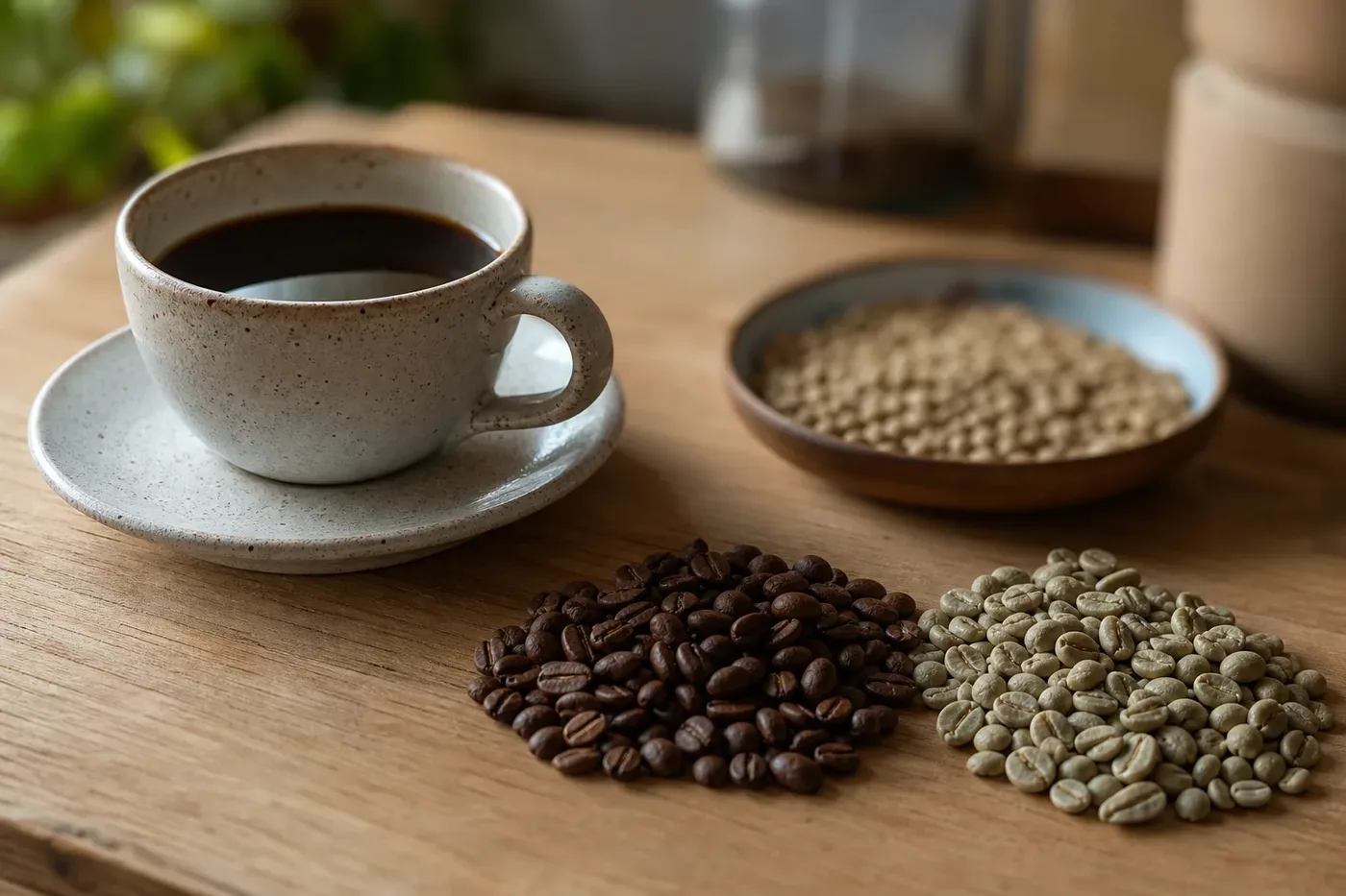 A cup of decaf coffee with green unroasted beans and roasted beans