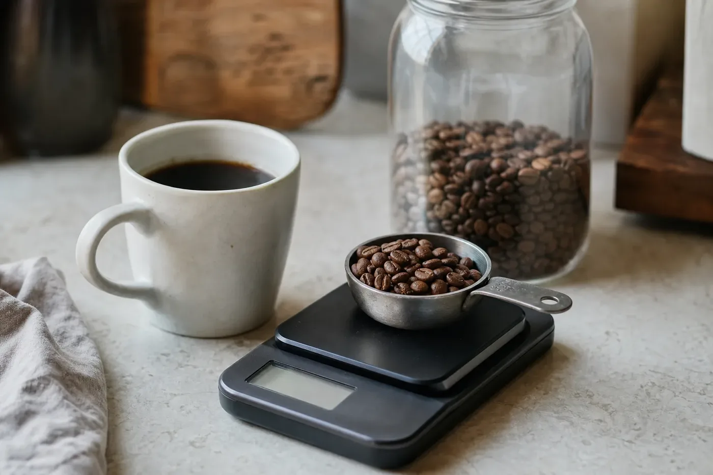 A scoop of coffee beans on a kitchen scale beside a mug of black coffee