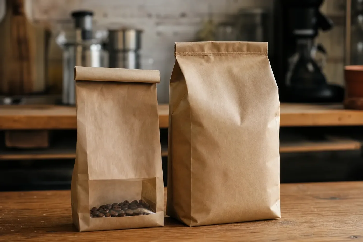 A nearly empty bag of coffee beside a full new bag