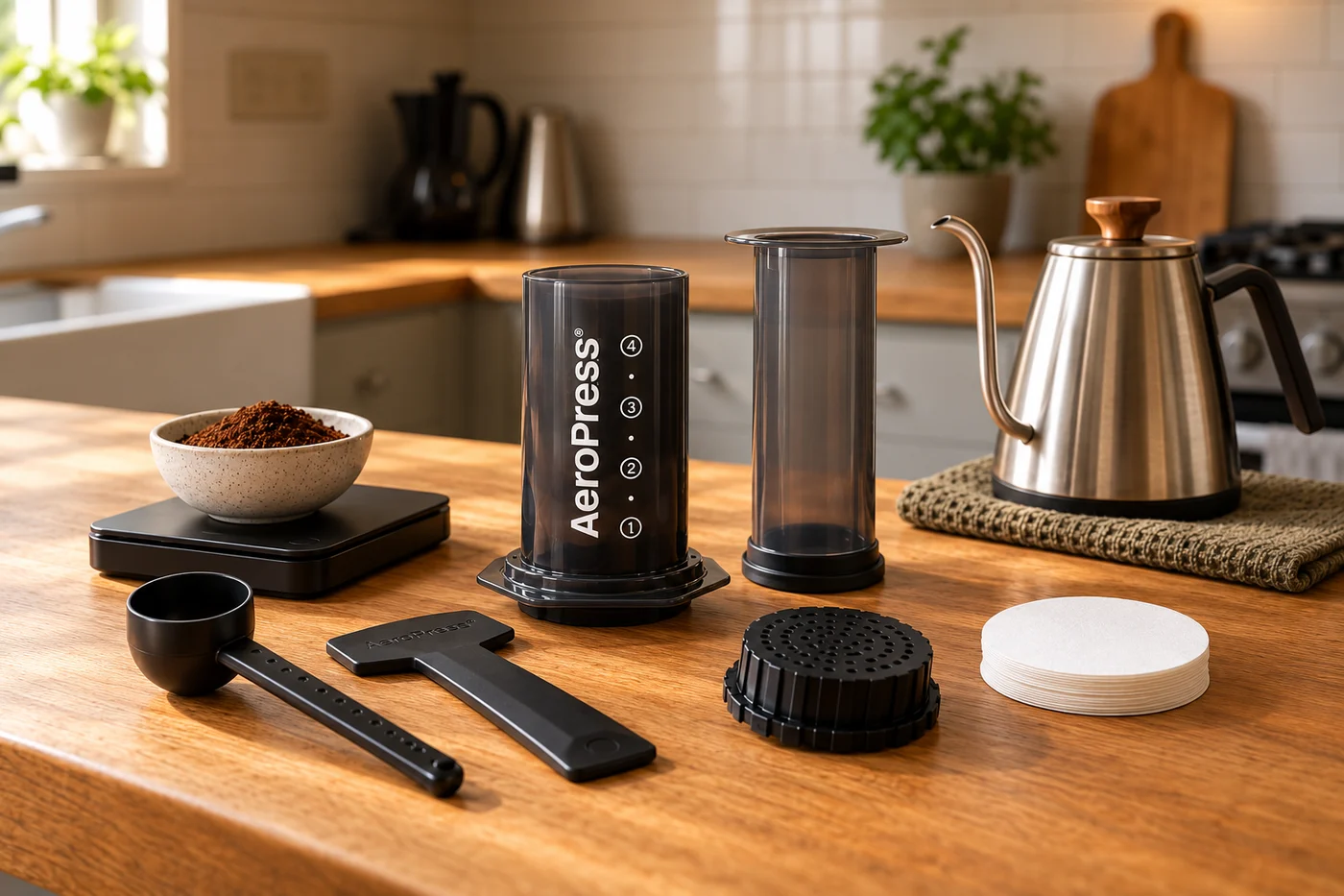 An AeroPress kit laid out: chamber, plunger, filter cap, paper filters, scoop, stirrer, scale and gooseneck kettle