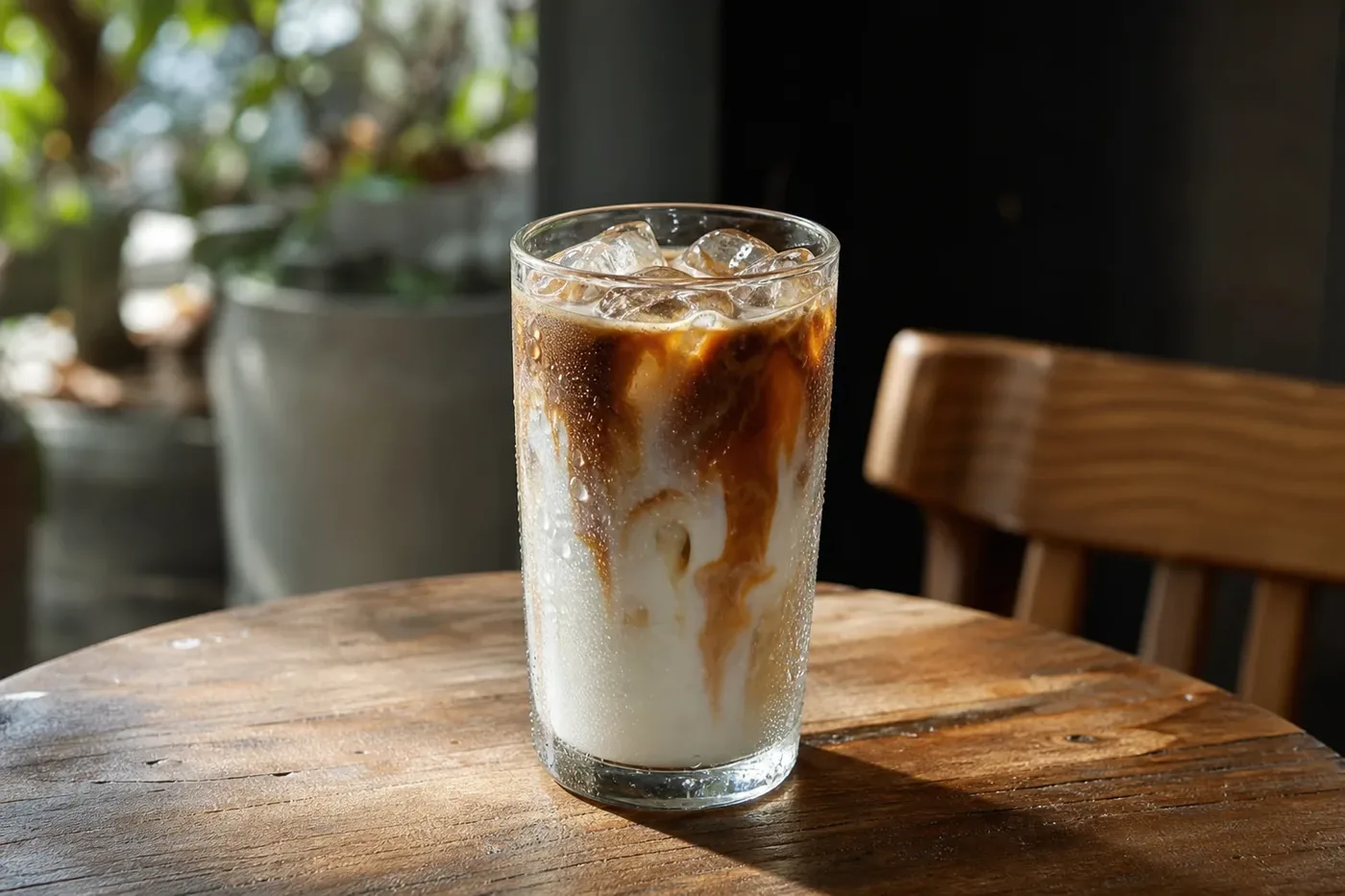 An iced latte with espresso swirling down through the milk and ice