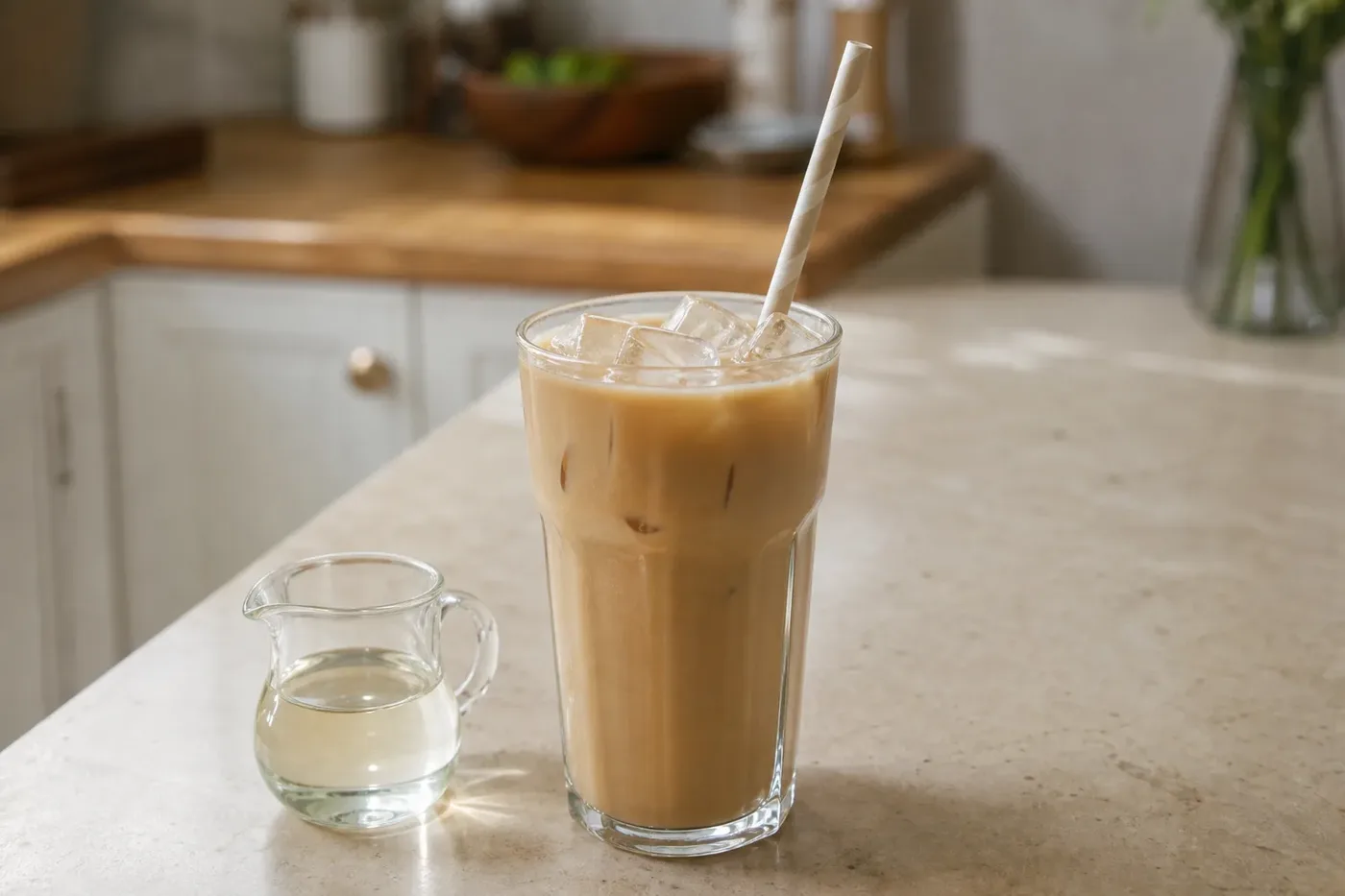 A mixed iced latte with a straw beside a small jug of syrup