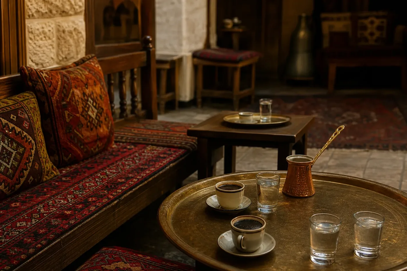 Low cushioned seating and small cups of coffee in a traditional Turkish style coffee house