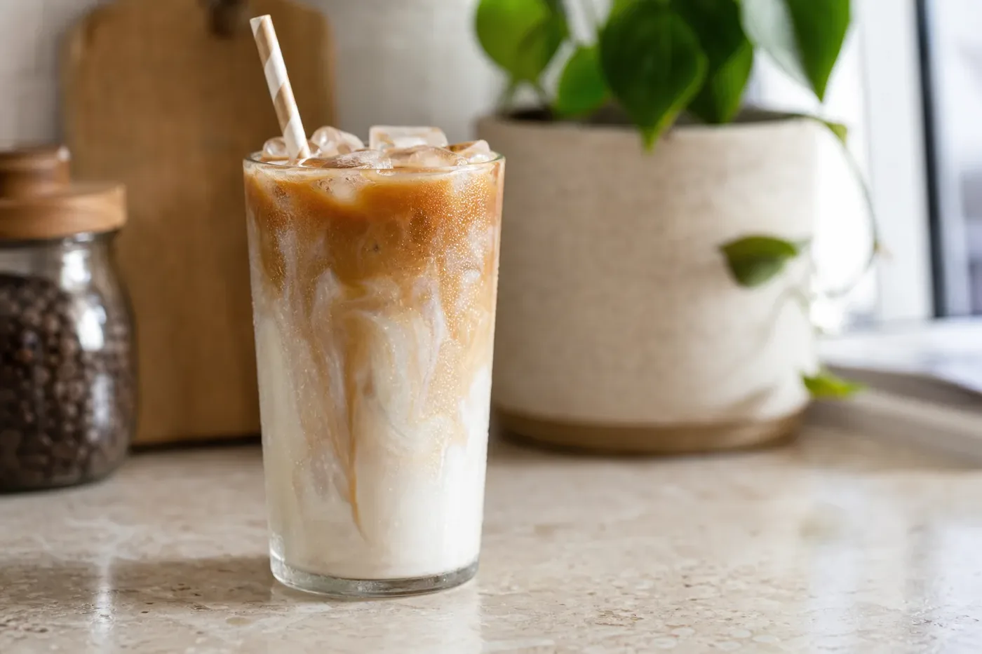 An iced latte with espresso swirling through cold milk over ice