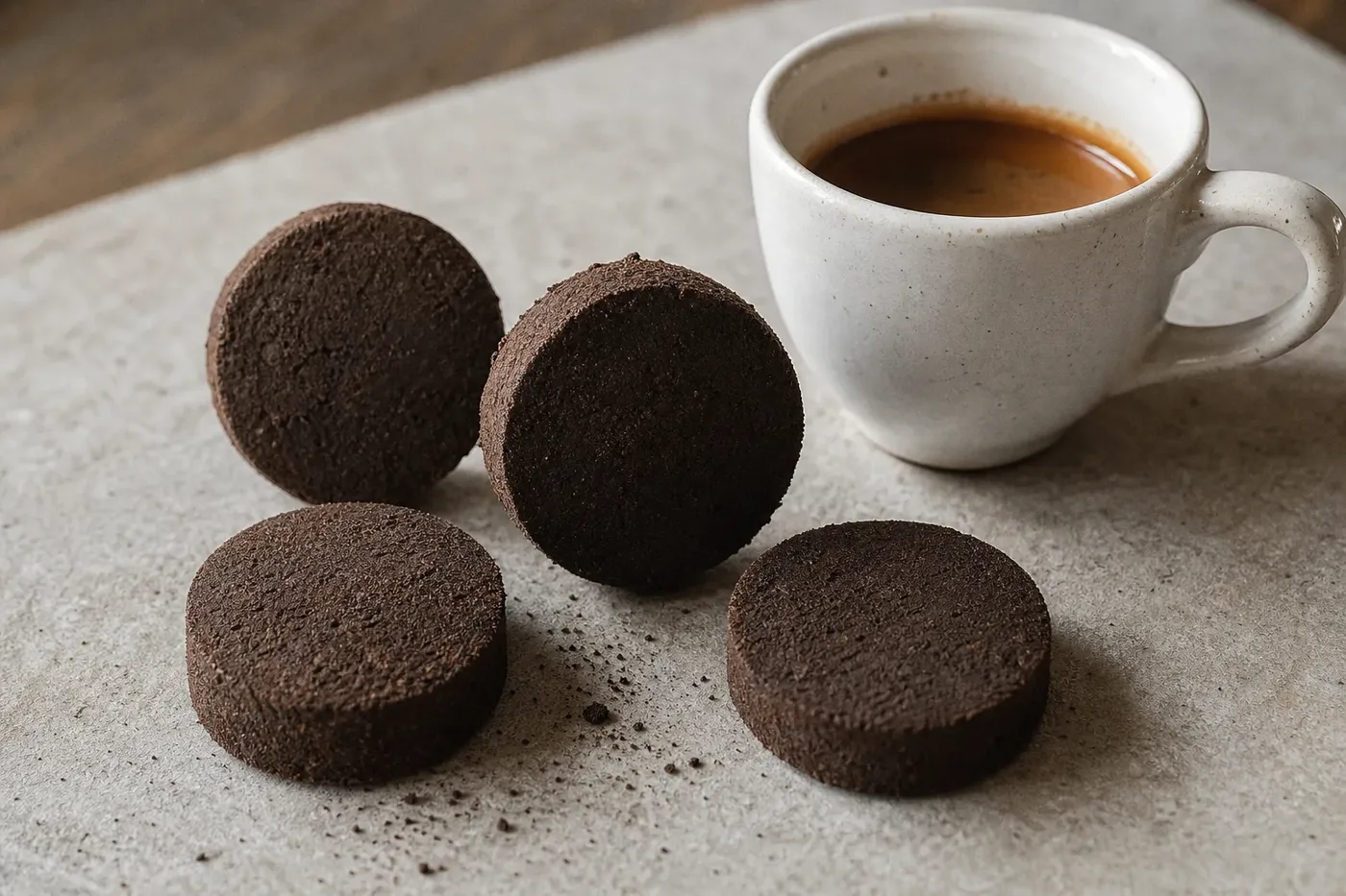 Pressed discs of coffee with no capsule around them, beside an espresso cup