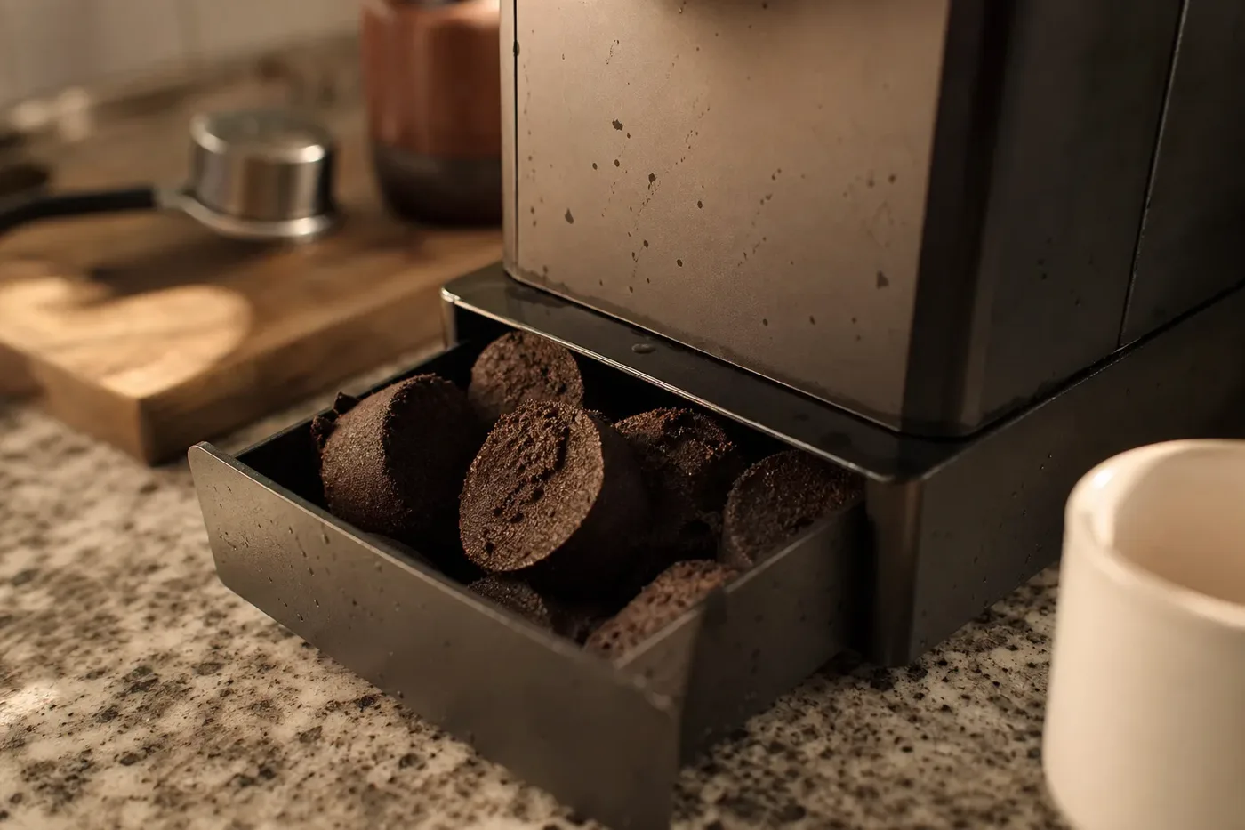 Spent coffee tabs collected as wet pucks in a machine's used-grounds drawer