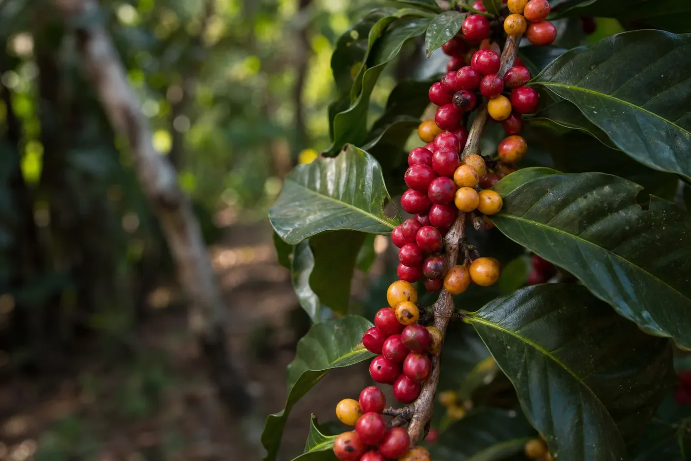 Large coffee cherries and leathery leaves on a tall liberica coffee tree