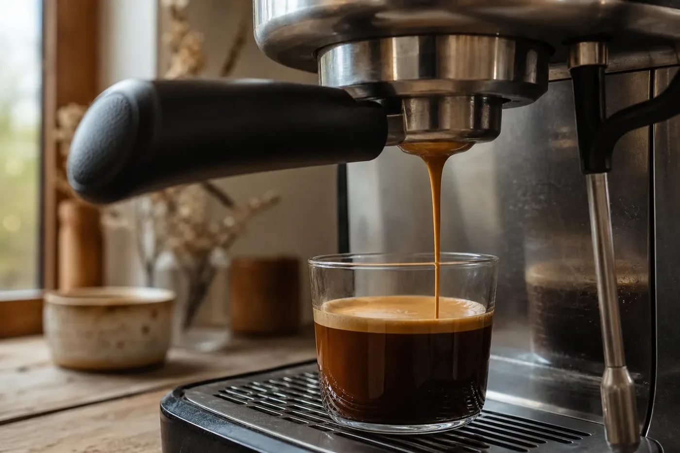 A lungo espresso pouring in a long stream into a clear glass cup