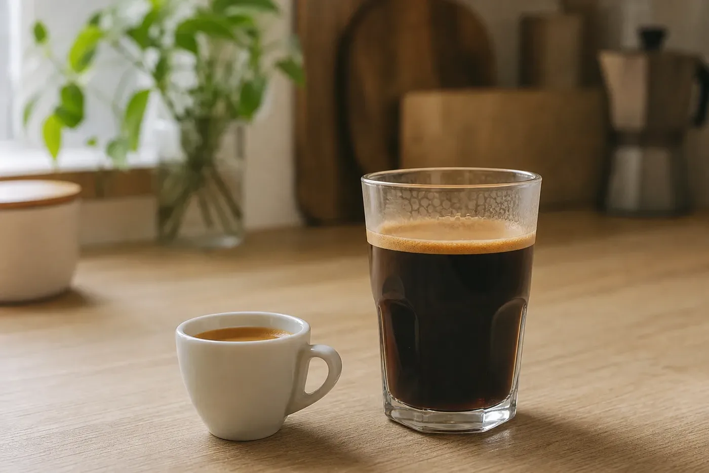 A short espresso beside a taller glass of lungo coffee on a wooden counter