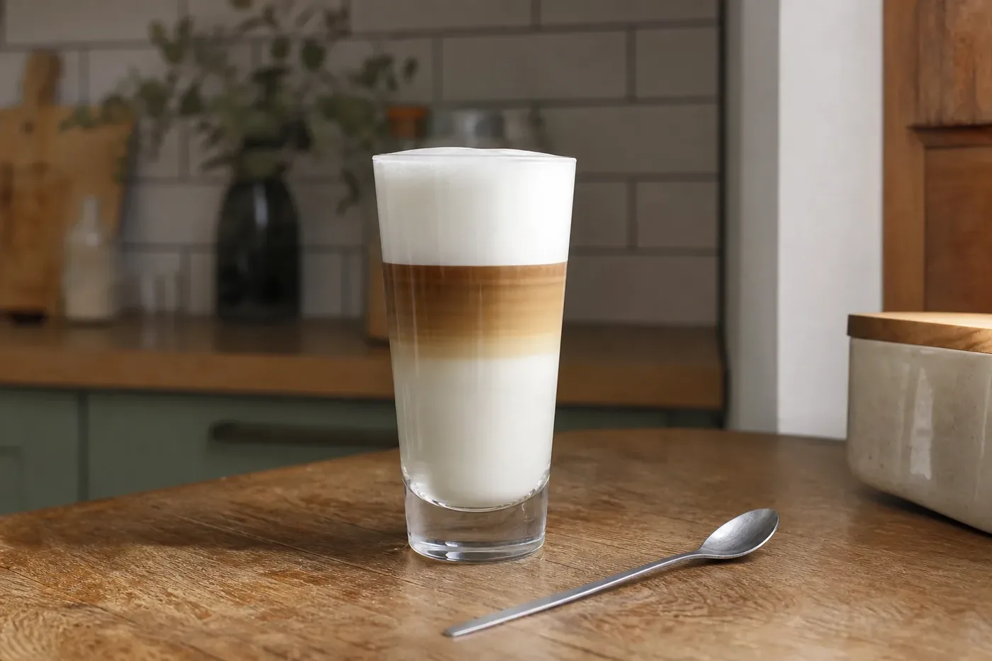 Layered latte macchiato in a tall glass with milk, espresso and foam