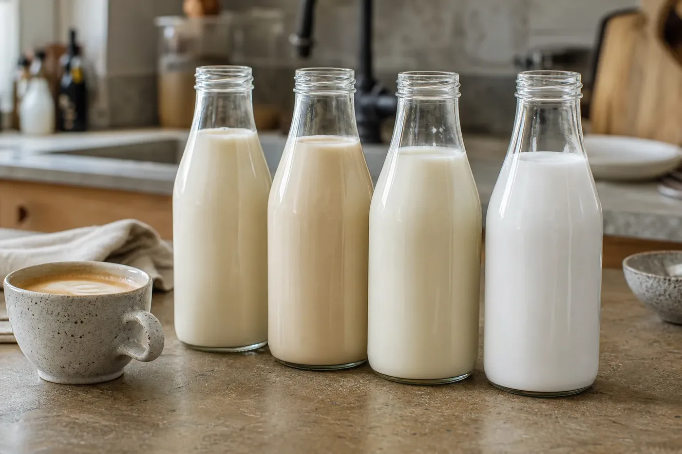 Unlabelled bottles of oat, almond, soy and coconut milk beside a latte
