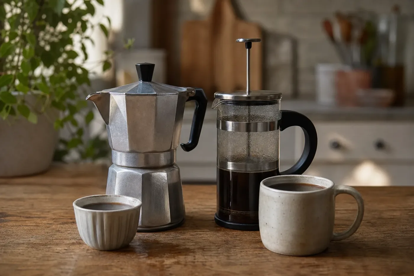 A moka pot and a French press side by side with the coffee each one makes