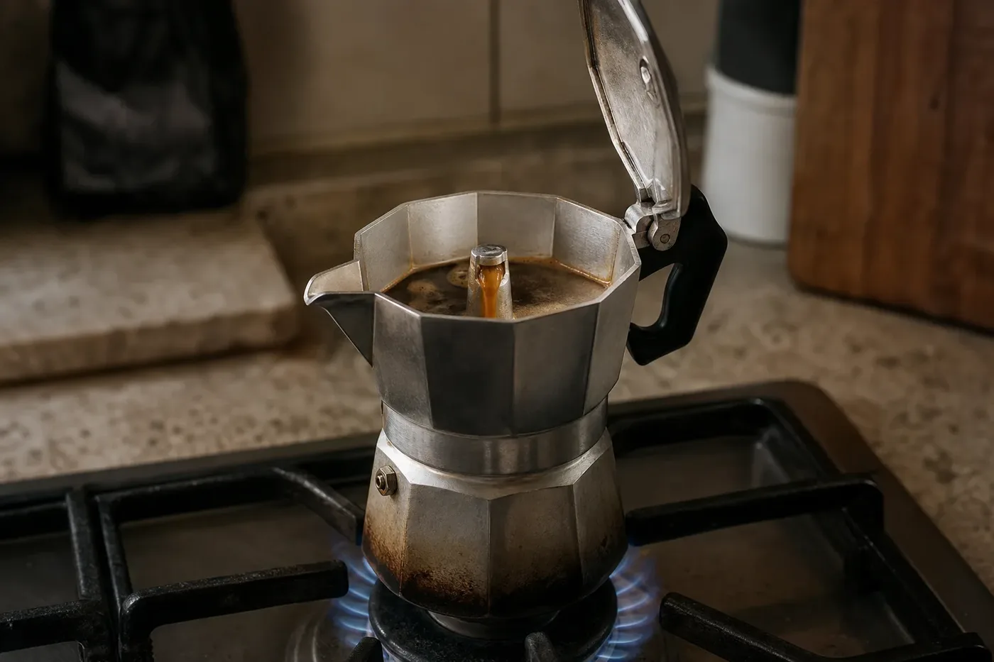 Coffee rising into the top chamber of a moka pot on a gas hob