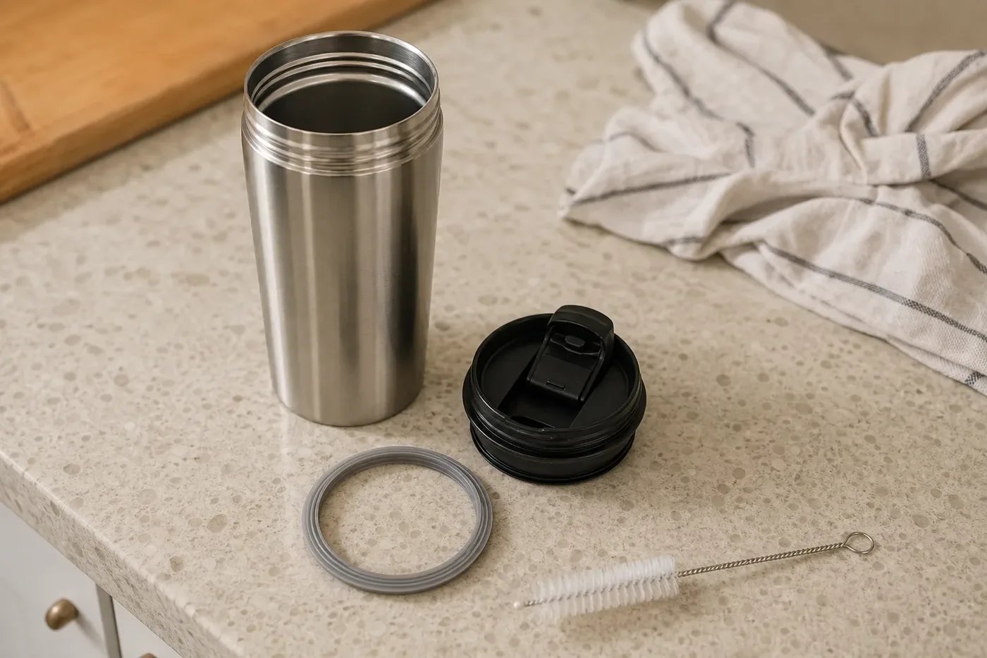 A travel mug taken apart with its lid gasket removed for cleaning